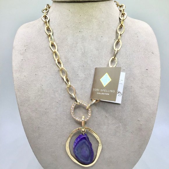 Tori Spelling 80s Necklace Gold Tone Chain Purple Stone Slab Removable Pendant - Picture 10 of 16